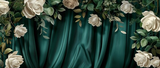 A green curtain with white flowers on it. Floral and silk background. Perfect for product design and presentation.