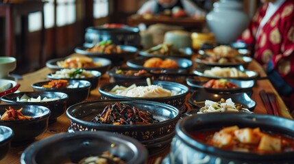 Asian cuisine. South Korean food on the street. a variety of Asian cuisine