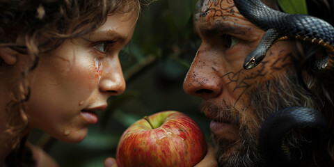 Adam and Eve are about to take the first bite of an apple in the garden of Eden. The snake or devil is nearby tempting  them
