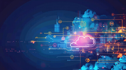 Digital background with cloud computing icons and data streams