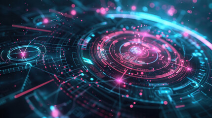 Obraz premium Digital background with holographic interfaces and touchscreens