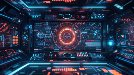 Obraz premium Digital background with holographic interfaces and touchscreens