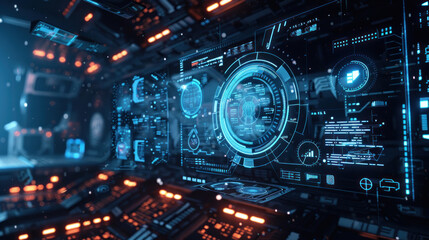 Digital background with holographic interfaces and touchscreens