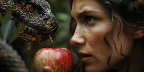 Adam and Eve are about to take the first bite of an apple in the garden of Eden. The snake or devil is nearby tempting  them