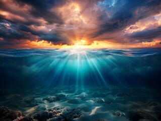 Fototapeta premium Dramatic underwater view with sunlight breaking through a vibrant sky, highlighting the ocean depths, rocks, and enhancing the serene atmosphere.