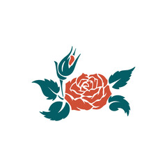 Rose silhouette with leaves and bud. Flower Stencil. Vector illustration
