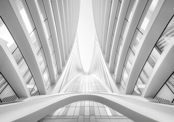 Obraz premium A futuristic interior with soaring, rib-like structural elements and expansive glass windows. 