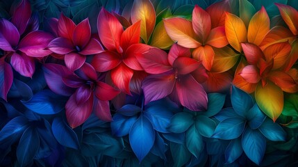 Fototapeta premium Vibrant colorful abstract floral background with multicolored leaves in shades of red, orange, purple, blue, and green.