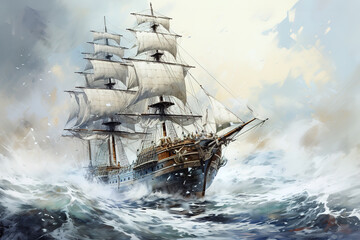 Obraz premium A majestic sailing ship braves stormy seas with full sails billowing in the wind, city in the distance. Painting Art.