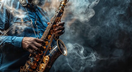 Obraz premium Senior Musician Playing Saxophone Surrounded by Smoke in a Studio
