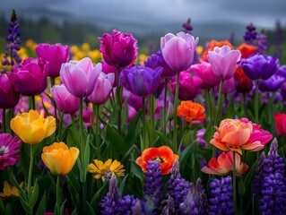 Obraz premium Vibrant spring garden with colorful tulips and various flowers blooming under cloudy skies, creating a picturesque floral landscape.