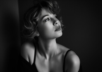 A black and white portrait of a woman with short hair looking upwards, with a soft and thoughtful expression.
