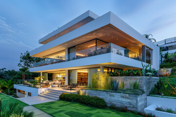 Modern Minimalist Villa with Lush Landscaping at Dusk