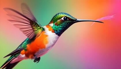 Fototapeta premium Hummingbird with a slender, elongated beak. The bird's feathers are a stunning combination of rich orange and vivid green hues