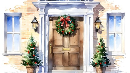 Watercolor illustration, Christmas decorated door, lights, postcard greeting invitation on white background. Generative AI