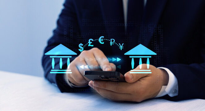 Online banking operations and interbank digital payment.Money transfers from different currencies internationally and currency exchange global.