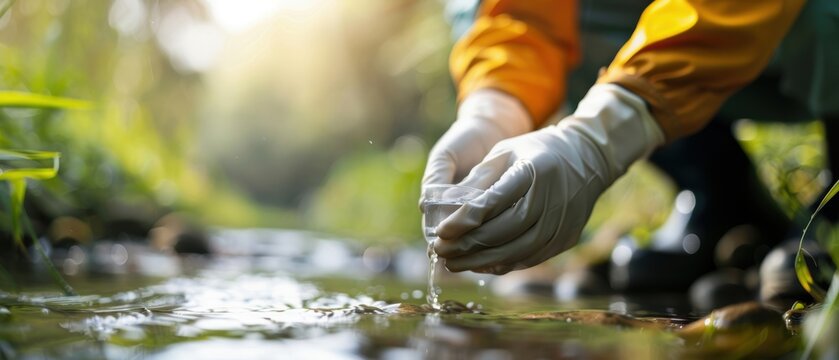 Environmental scientist conducting water quality tests in an urban river, focus on sustainability and ecology