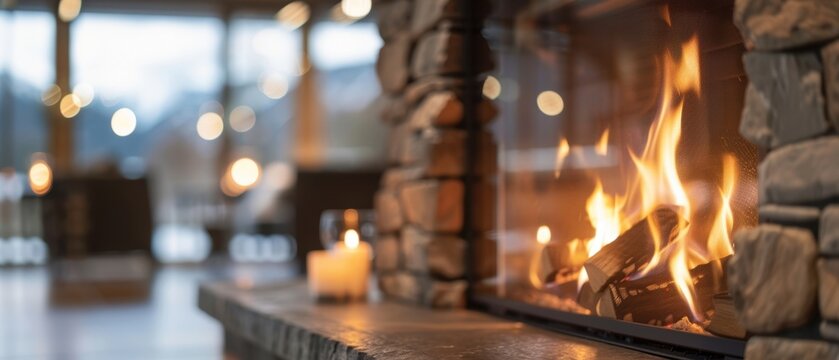 Fireplace with crackling fire, adding warmth and ambiance to the home