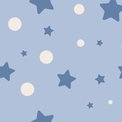 Stars and dots in blue pastel colors. Light baby background. Blue stars and beige circles on a light background. Flat style. Seamless pattern. Background for decor.