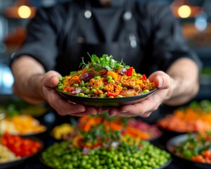Chef presenting a colorful dish with a variety of fresh vegetables in a vibrant culinary setting.