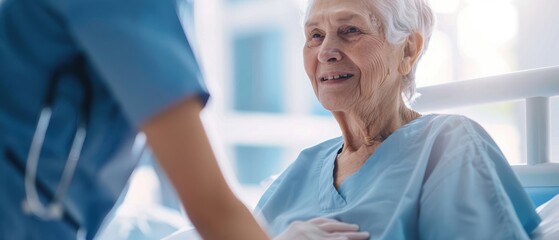 Nurse providing care to an elderly patient in bed, end of life support, showing professional compassion and empathy