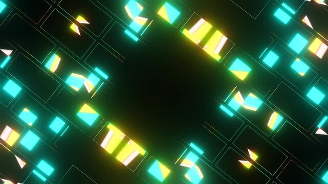 A hypnotic and abstract motion graphic featuring geometric shapes in cyan and yellow, animated in 3D.