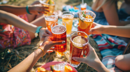 Group of friends clinking glasses of cold drinks at a picnic