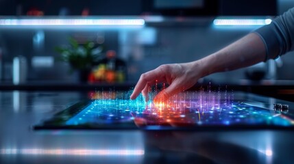 Person interacting with futuristic touchscreen interface displaying colorful data visualizations in a dark, modern environment.