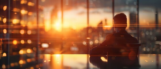Fototapeta premium Tech entrepreneur strategizing in a high-rise office, cityscape at sunset