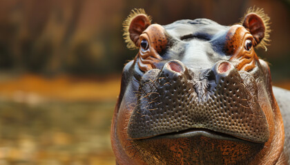 A close-up shot of a hippo's face with a blurred natural background.
