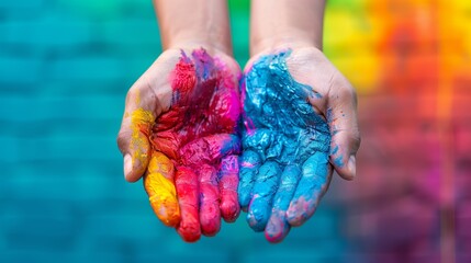 Vibrant hands covered in colorful paints against a blurred rainbow background, symbolizing creativity, diversity, and artistic expression.