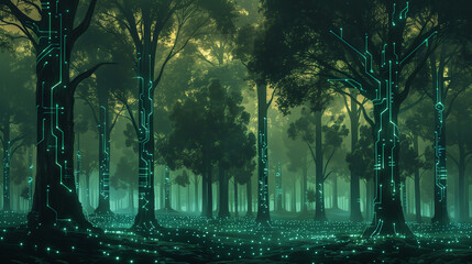 Digital Forest with Glowing Circuits Generative AI
