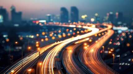 Urban highway with high speed traffic during evening rush hour, car headlights and busy night transport, motion blur effect, abstract long exposure photography