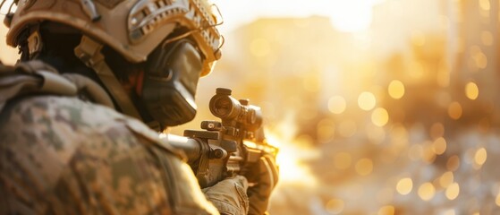 Urban soldier in ruins, aiming through broken structures, high tension and readiness