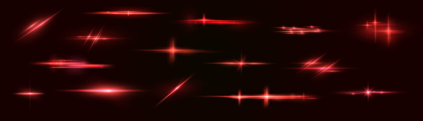 Light red effect reflections, neon illumination in red colors. Bright light lens. Police light effects, lines. Shiny stars, glowing sparks on a black background. Vector red light effect