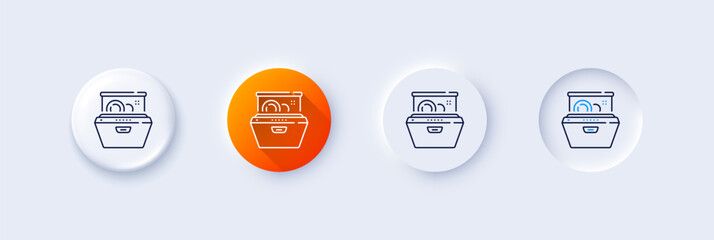 Dishwasher line icon. Neumorphic, Orange gradient, 3d pin buttons. Wash dishes and plates sign. Dish cleaning machine symbol. Line icons. Neumorphic buttons with outline signs. Vector
