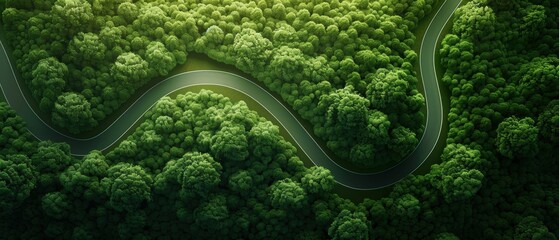 Winding road through a green forest, aerial view, sustainability journey, high resolution and detailed