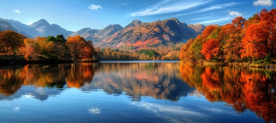 Obraz premium Serene lake surrounded by mountains during autumn the water reflecting the brilliant foliage