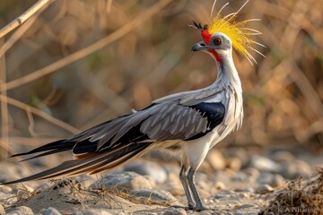 Fototapeta premium Sagittarius cristatus, African bird in the nature habitat
