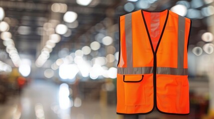 Elegant Labor Day ad with orange safety vest on a blurred industrial background, minimalist design, copy space for text