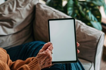 App preview over shoulder of a senior woman holding an ebook with a completely white screen