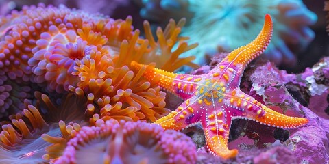 Close-up of a starfish nestled among vibrant coral polyps in an underwater scene, showcasing marine diversity and beauty.
