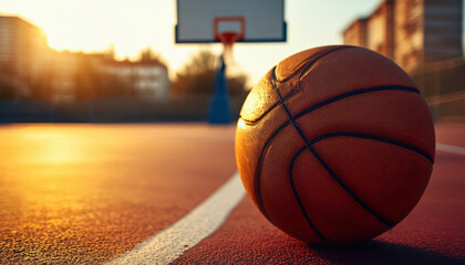 A basketball in the foreground on a street court floor, positioned on the right, against a diffuse background, with empty space on the left for text.