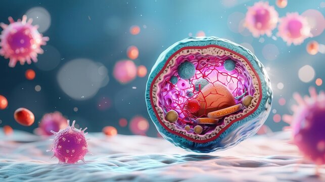 Highresolution crosssection of cell showing organelles, detailed structures and functions, cellular biology, educational use