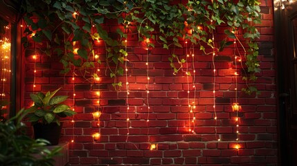  dark red brick wall with vines. The left and right sides of the walls have fairy lights from top to bottom. 