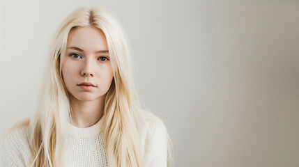 Young blonde woman covered in milk against a white background.