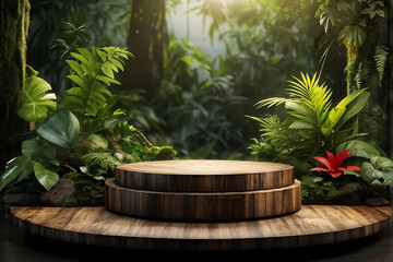  Podium background product forest green display platform wood stone 3d garden rock. Product podium jungle background stage leaf cosmetic nature scene stand presentation mockup tree pedestal plant eco 