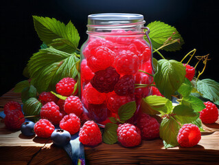 Superb Glass jar of red currant soda drink on wooden table