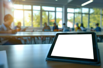 Closeup of a tablet mockup on a student's desk in a classroom with students in the background