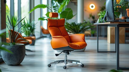 Fototapeta premium Contemporary Office with Large Windows and Orange Accents